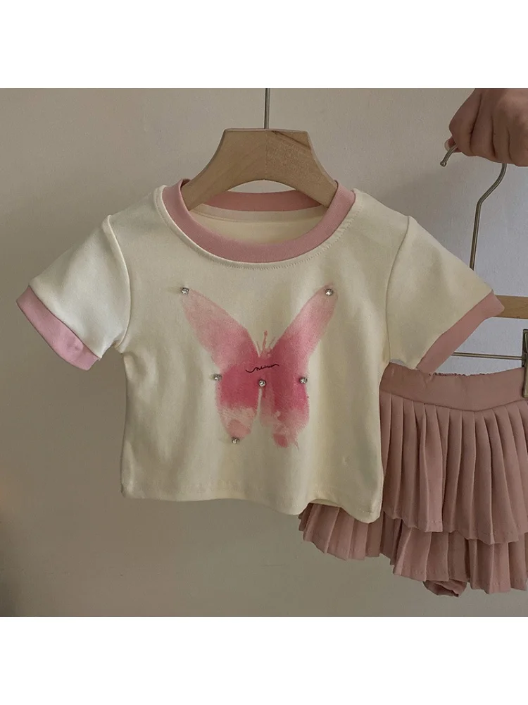 Chemise à manches courtes papillon pour petite fille, diamant léger, jupe plissée gâteau, ensemble deux pièces, été, nouveau, 2020