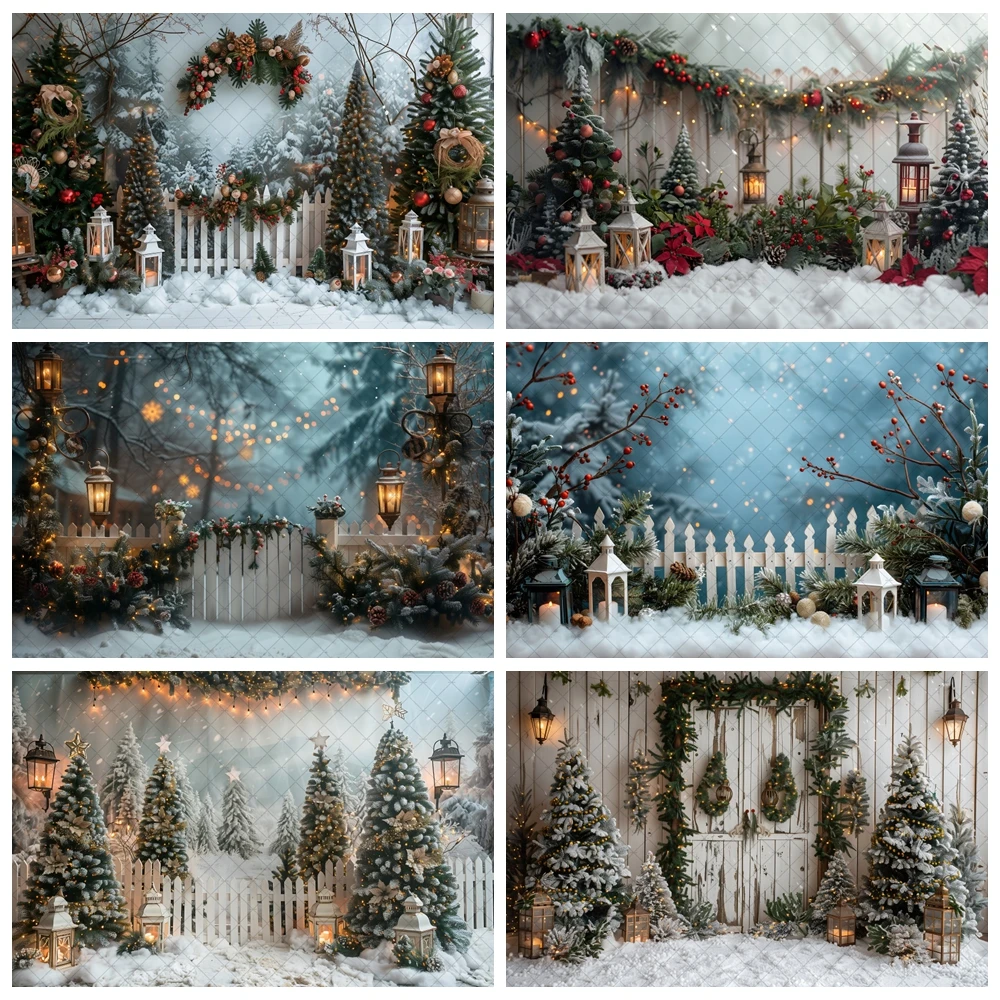 Winter Christmas Background Pine Trees Lanterns Wooden Fence Evergreen Branches Snowflake Baby Background Photo Studio Photocall