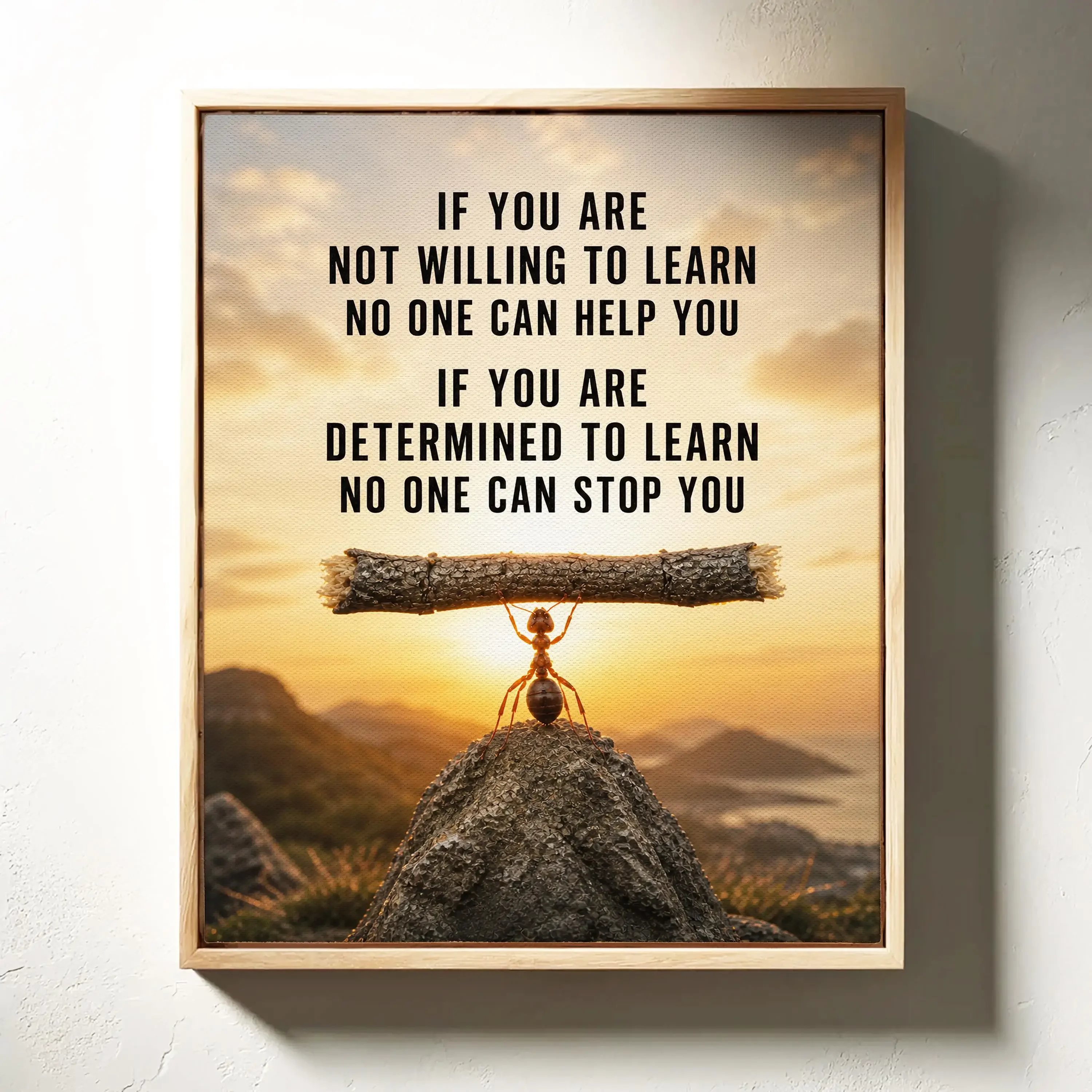 1pc frameless Canvas Painting Motivational Wall Art for Office, Determined to Learn Quote Canvas, Ant Carrying Log Inspirational