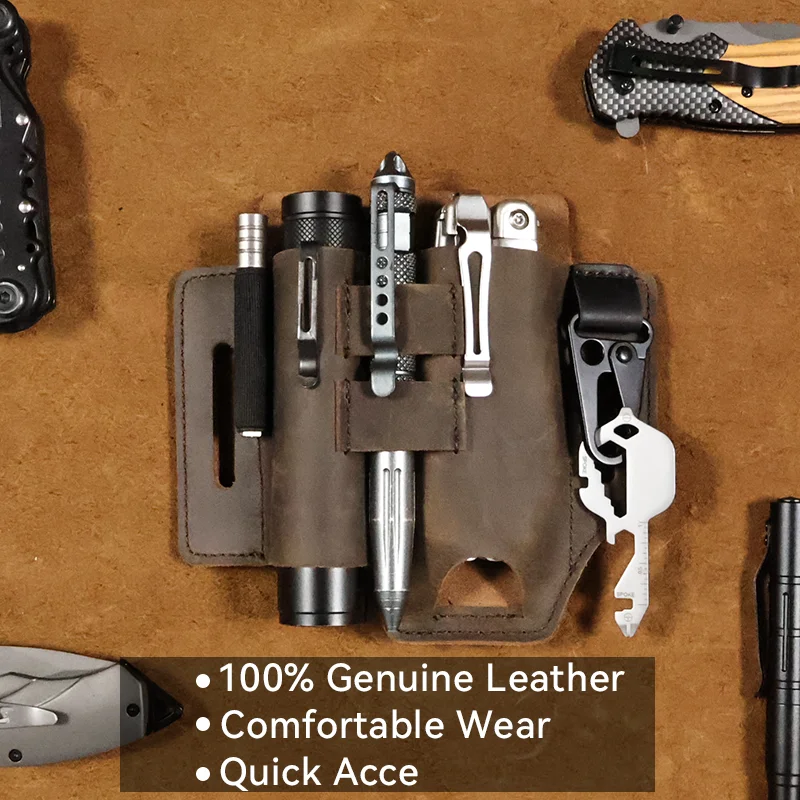 RIYAO Multitool Sheath For Belt With Buckle Genuine Leather EDC Organize Pouch Outdoor Work Tool Waist Bag Flashlight Holder Men