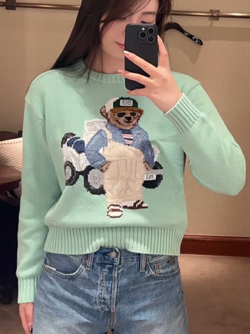 Sweater Women\'s 2024 Autumn/Winter Casual Comfortable Cartoon Bear Pattern Round Neck Long Sleeve Pure Cotton Sweater