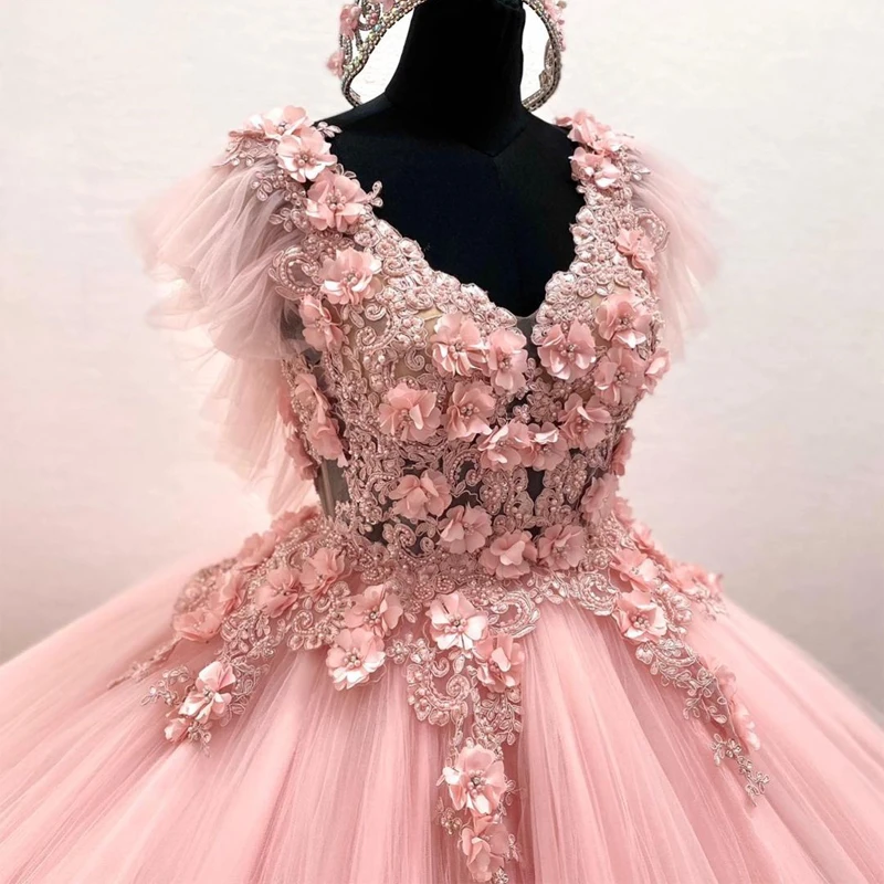 ANGELSBRIDEP-Vestido De quinceañera Rosa romántico, Vestido Floral 3D para niñas De 15 Años, Vestido De fiesta De baile De cumpleaños, 15 Años