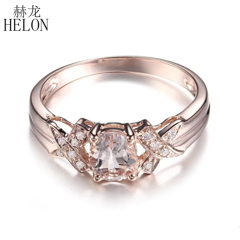 HELON Solid 14K Rose Gold Oval 7x5mm Natural Morganite Diamonds Engagement Ring For Women Wedding Band Anniversary Bridal Gift