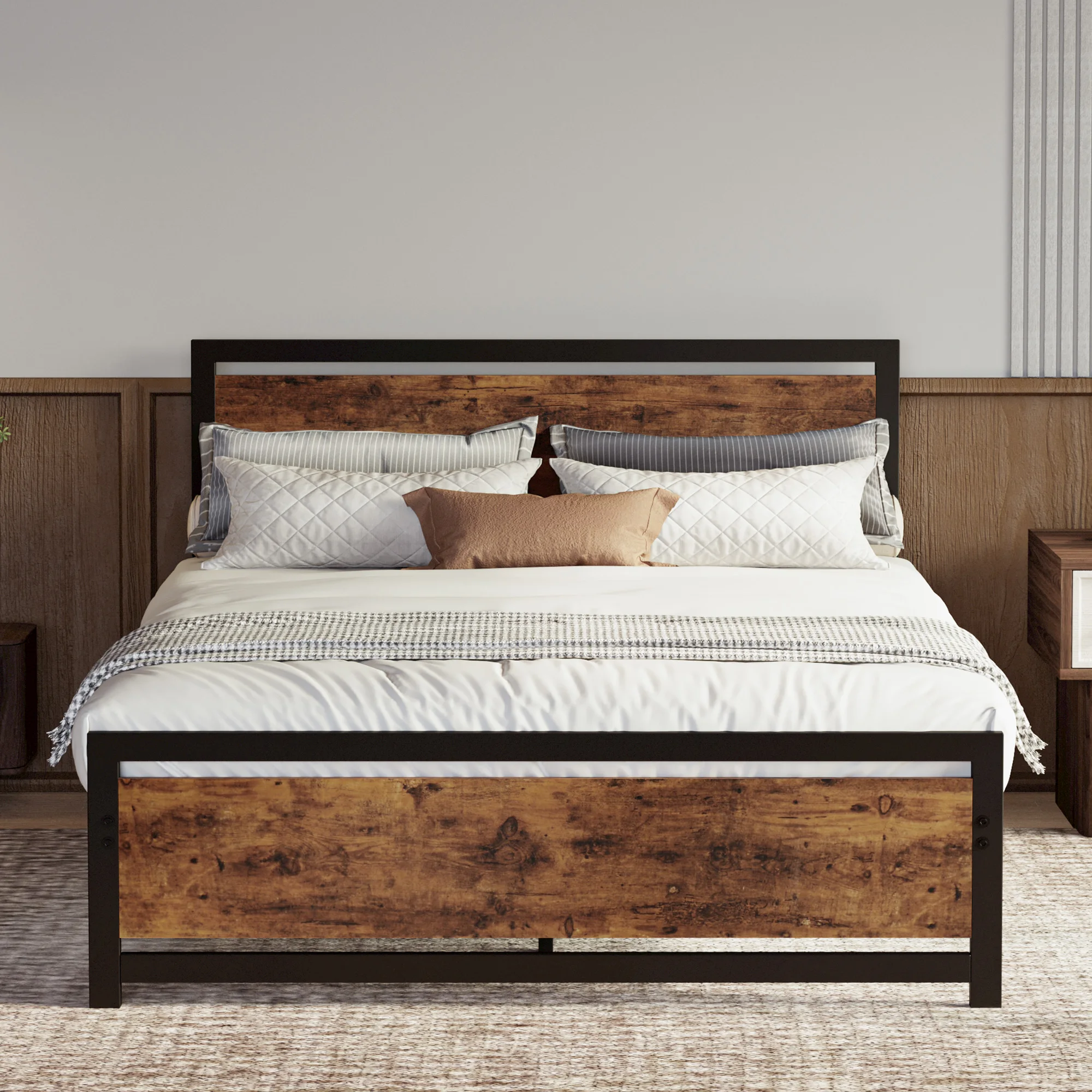 Industrial Full Bed Frame with Headboard and Footboard, Noise-Free, No Box Spring Needed