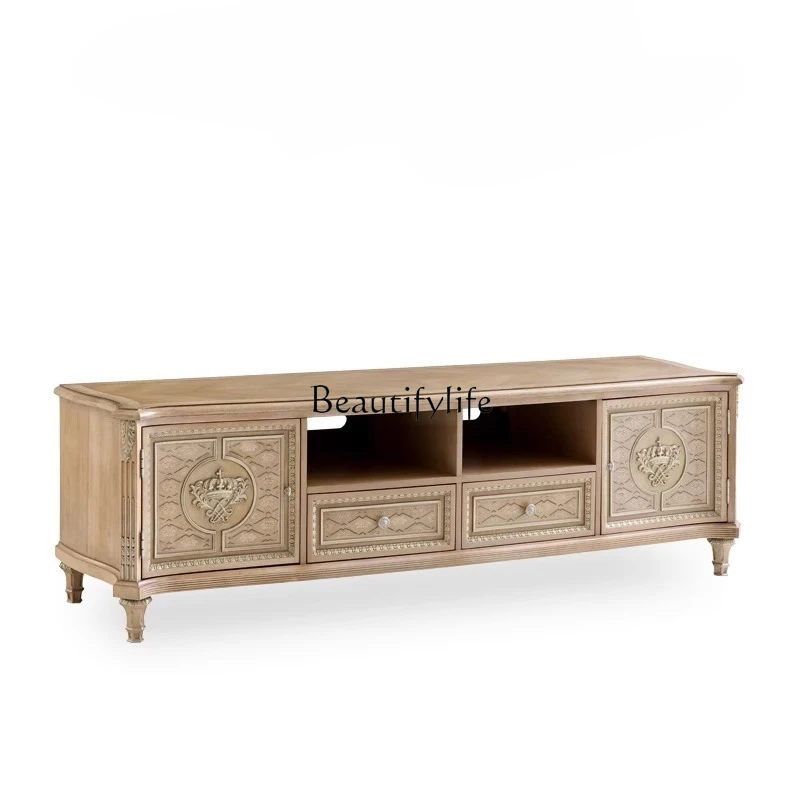 

4French light luxury solid wood TV cabinet European villa carved luxury veneer parquet TV cabinet