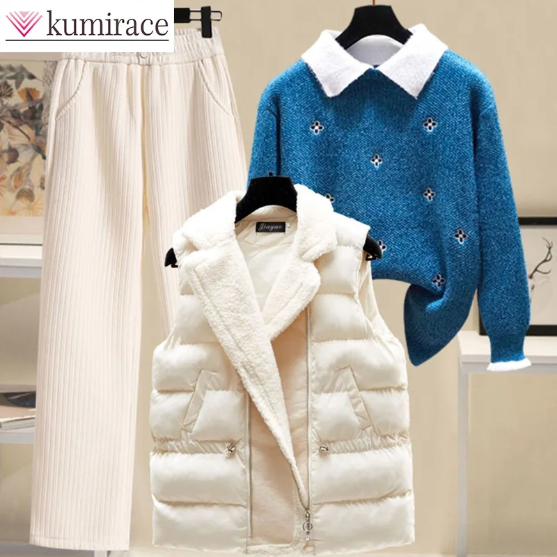 Korean Version New Three Piece Set Women\'s Winter Lamb Wool Patchwork Vest Jacket Sweater Thickened Plush Straight Leg Pants