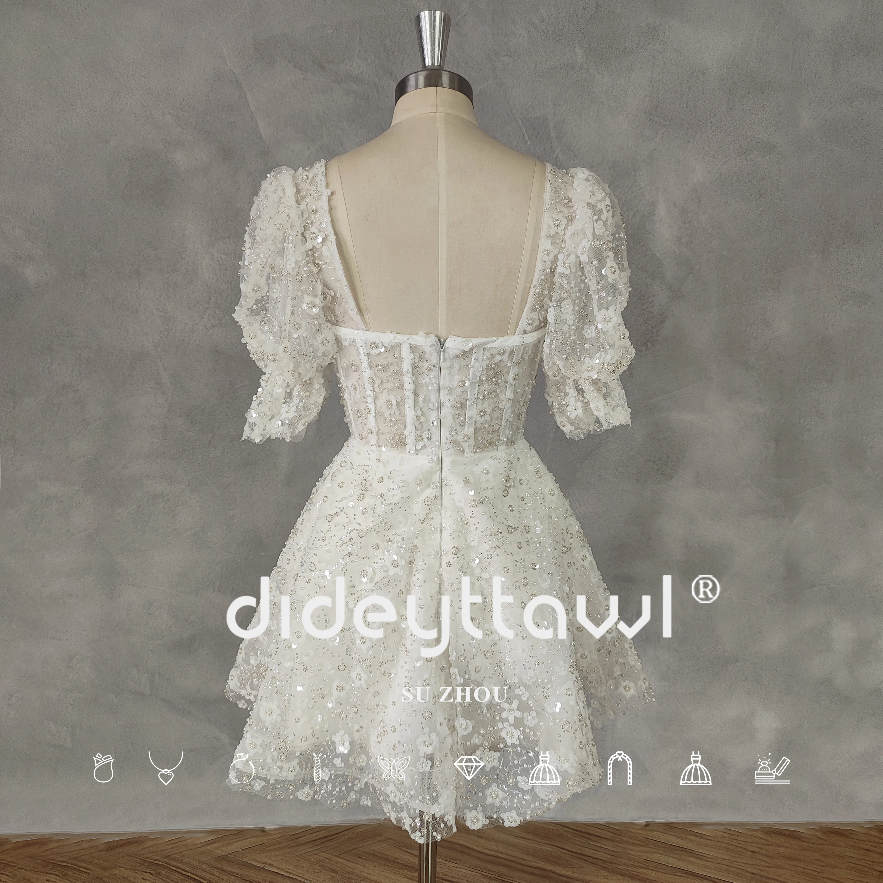 DIDEYTTAWL-Mini Robe de Mariée en Tulle pour Femme, Manches Bouffantes, Col Carré, Ligne A, Fermeture Éclair, Dos Court, Au-dessus du Genou, Sur Mesure