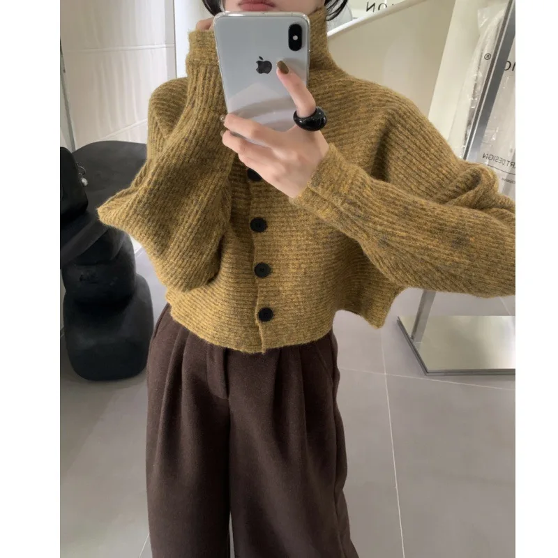 FL-suéter a rayas para mujer, Vintage, cuello alto, moda coreana, botón de punto, cárdigan holgado de talla grande, Top de manga larga, novedad de 2026