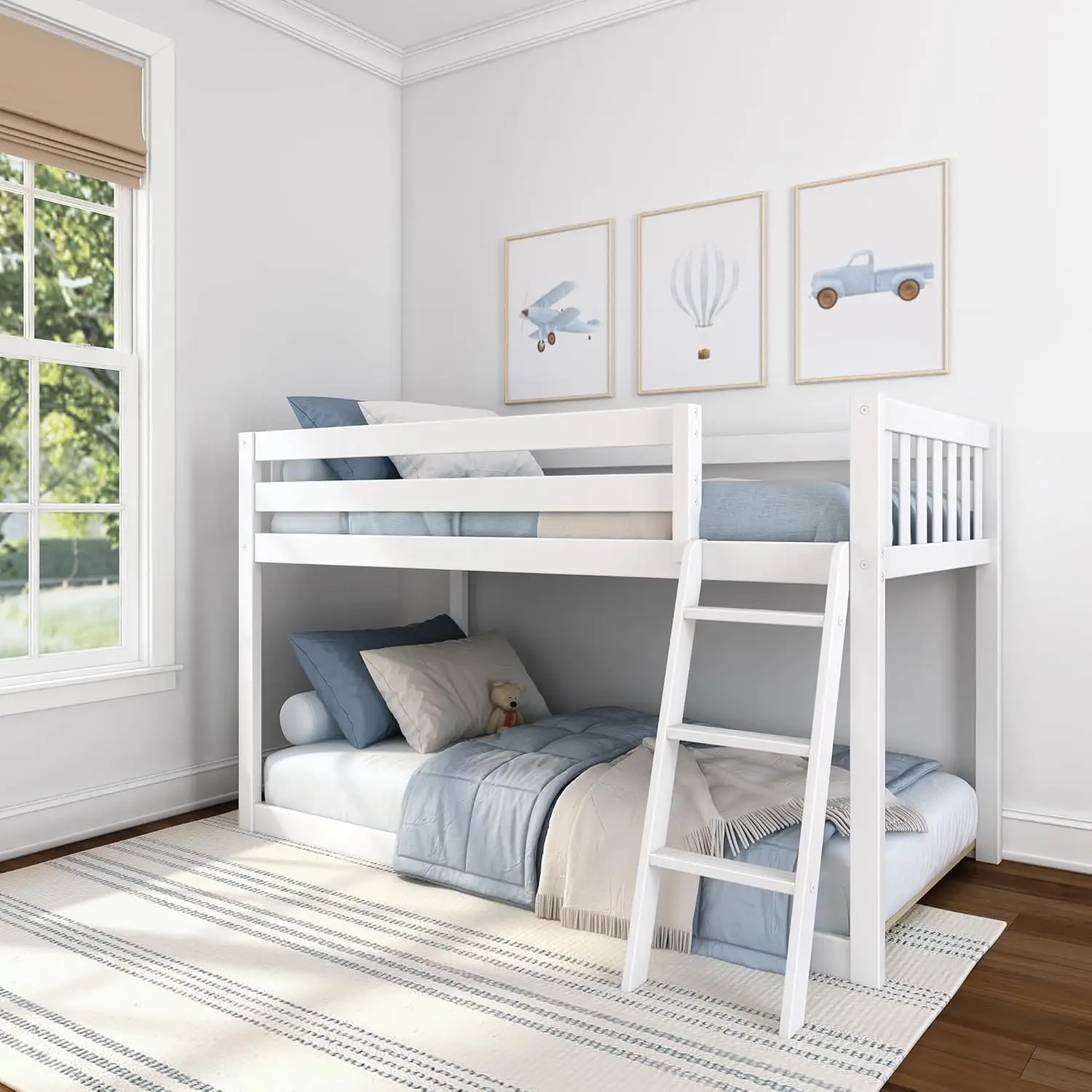 Fundamental Twin Low Bunk Bed, Kids Solid Wood Modern Bed Frame with Strong Wooden Slats,  High Weight Capacity, White