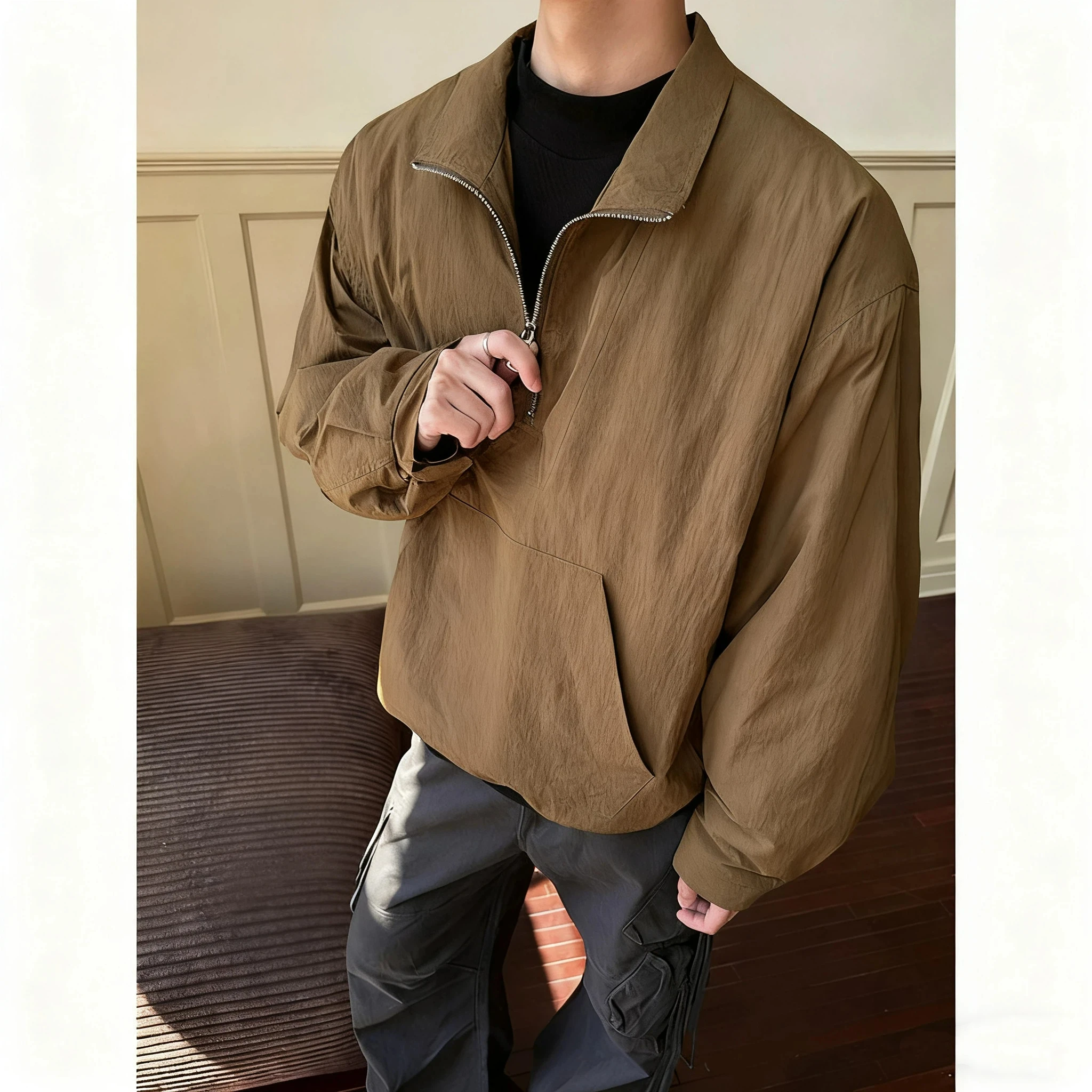 

Мужское пальто с воротником-стойкой в гонконгском стиле, модная ретро-модная негабаритная теплая зимняя куртка свободного покроя на флисовой подкладке