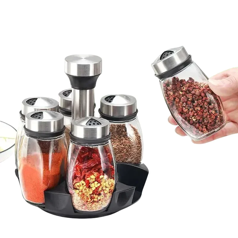 Kitchen Rotating Spice Bottle Set Seasoning Storage Bottle Kitchen Spice Rack Rotating Glass Seasoning Bottle Storage Rack