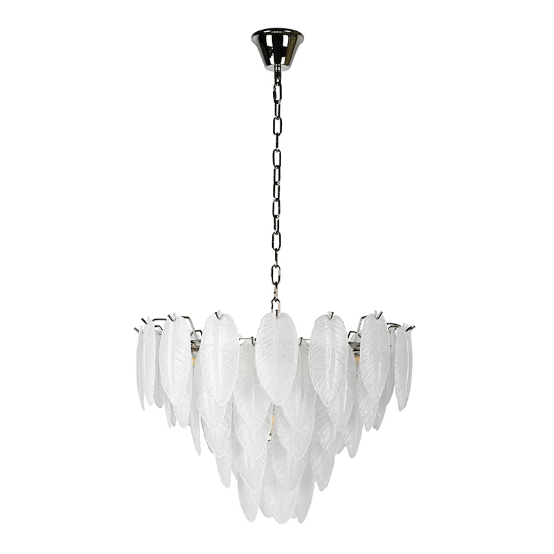 Quality Interior Lighting Polished Nickel Iron Hand Blown Leaves Frosted Glass Feather Chandelier Pendant Light