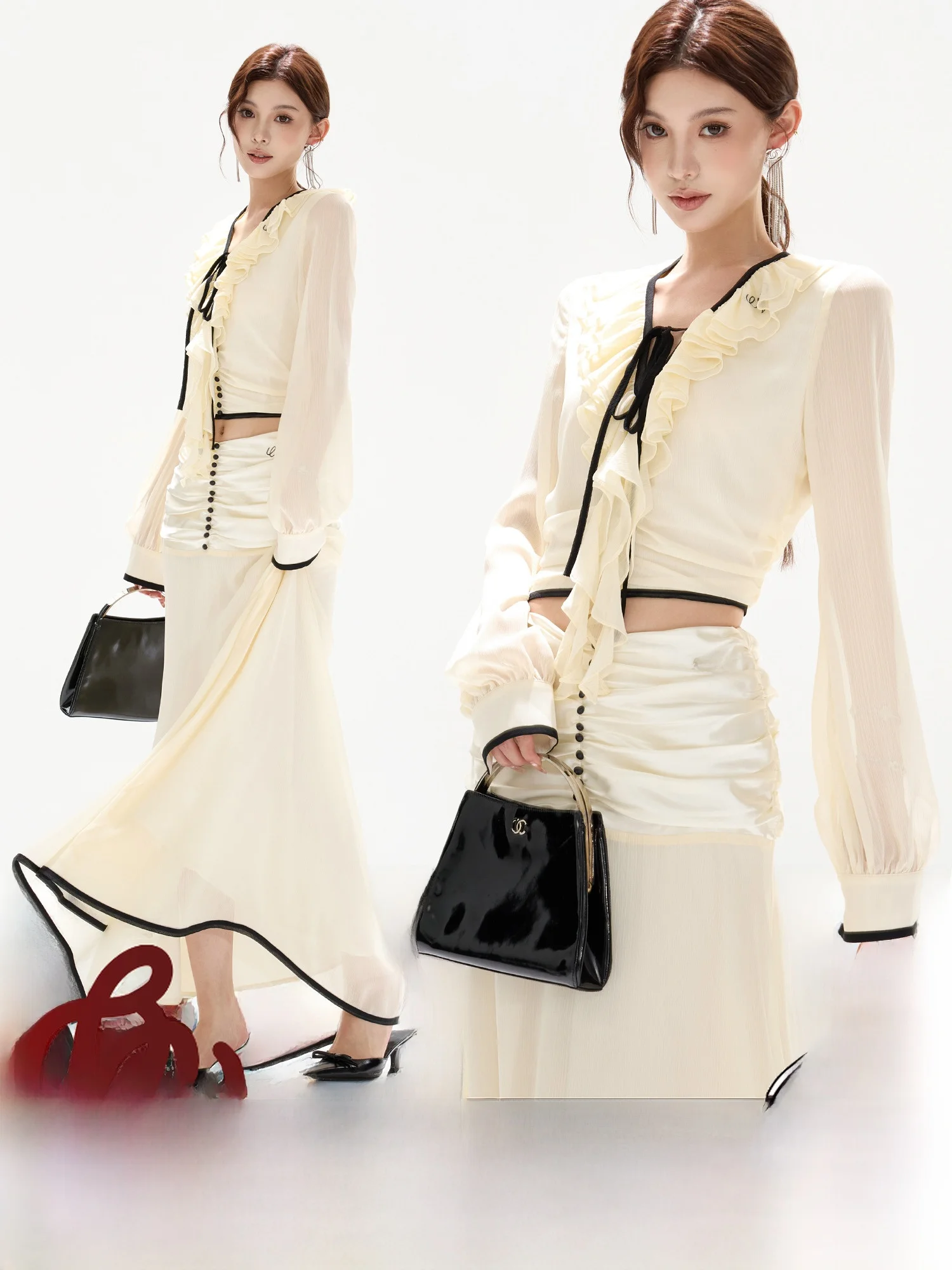 

CYNR оригинальный дизайн, нежный шифоновый комплект, женский комплект с кружевной отделкой и поясом, прозрачная длинная плиссированная юбка с высокой талией, модный комплект