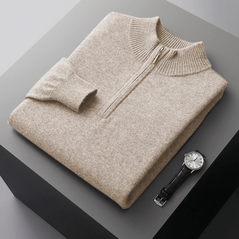 Men's 100% Goat Cashmere Half High Collar Zipper Pullover 2025 Spring Autumn New Knitted Base Sweater Business Casual Men's Wear