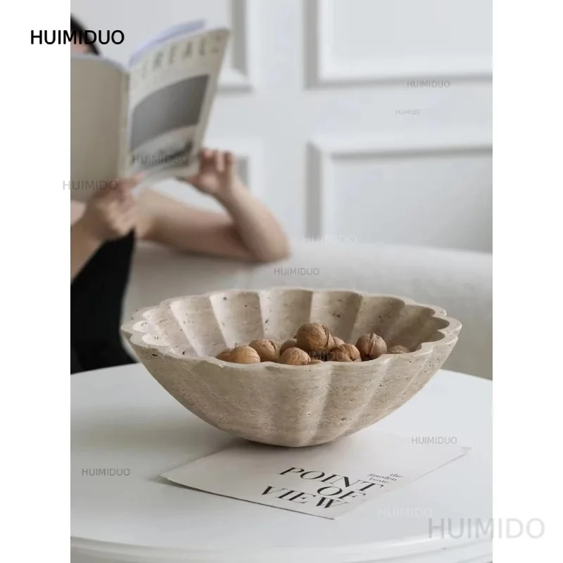 Large Travertine Serving Tray Decorative Ruffle Marble Fruit Bowl for Kitchen Counter and Living Room