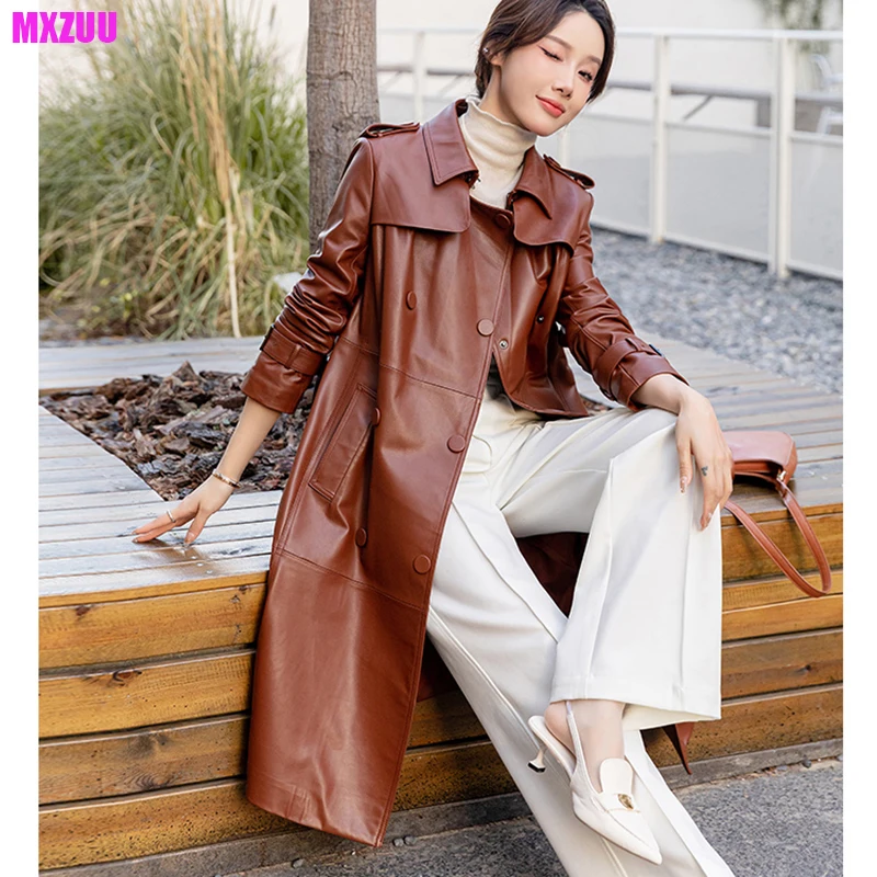 Women's Leather Coat Double-Breasted Belt Lapel Fashion Casaco Real Sheepskin Caramel/Apricot Slim Long Trench Jaqueta Feminina