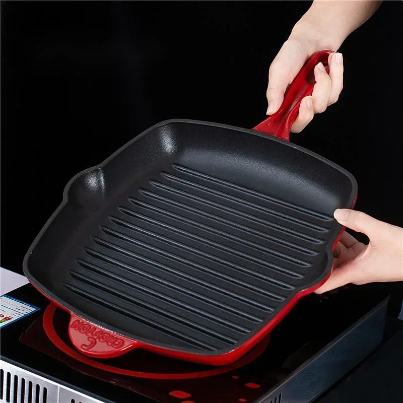 Square Striped Steak Thick Grill Induction Cooker Gas Flat Bottom Pot British Cast Iron Enamel Non Stick Frying Pans Direct Sale