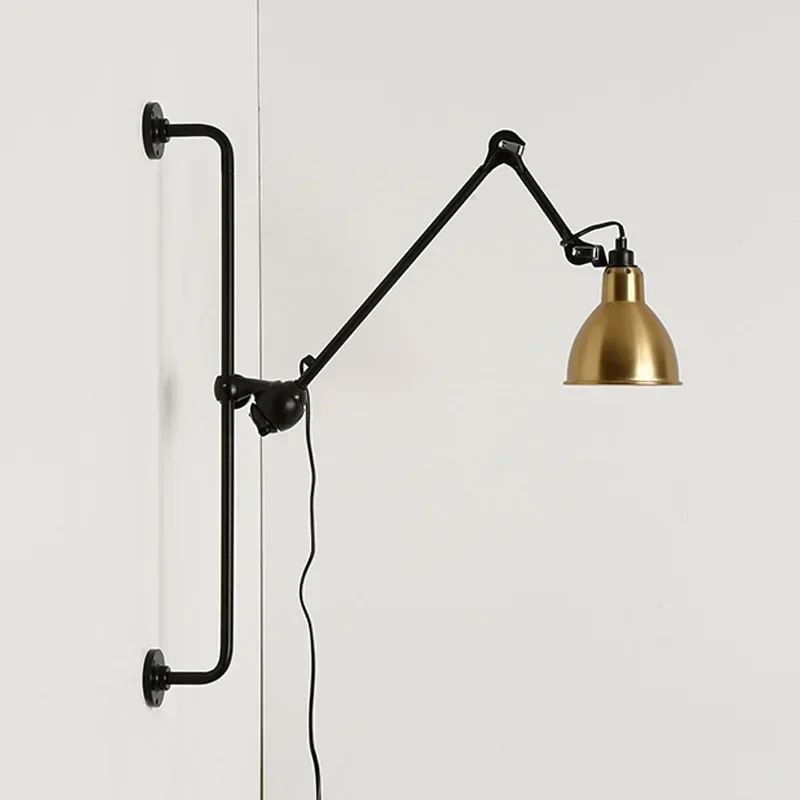

Retro Wall Lamp With Plug Switch Long Arm Black Gold Chrome Yellow Lampshade Rotatable Adjustable Lighting Fixtures E14 Bulb