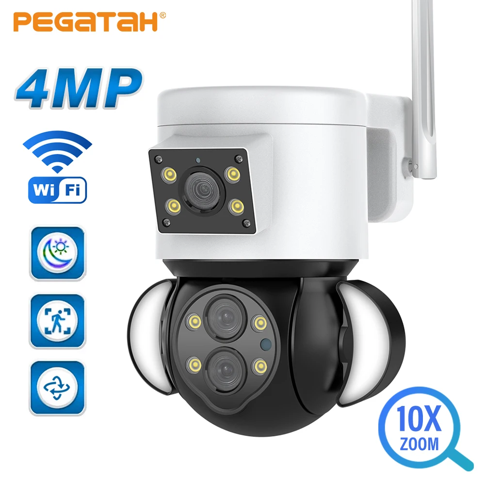 

PEGATAH 4MP WIFI Surveillance Camera PTZ Outdoor Security Auto Tracking Cam Smart Floodlight 10X Zoom Dual Lens IP Cameras