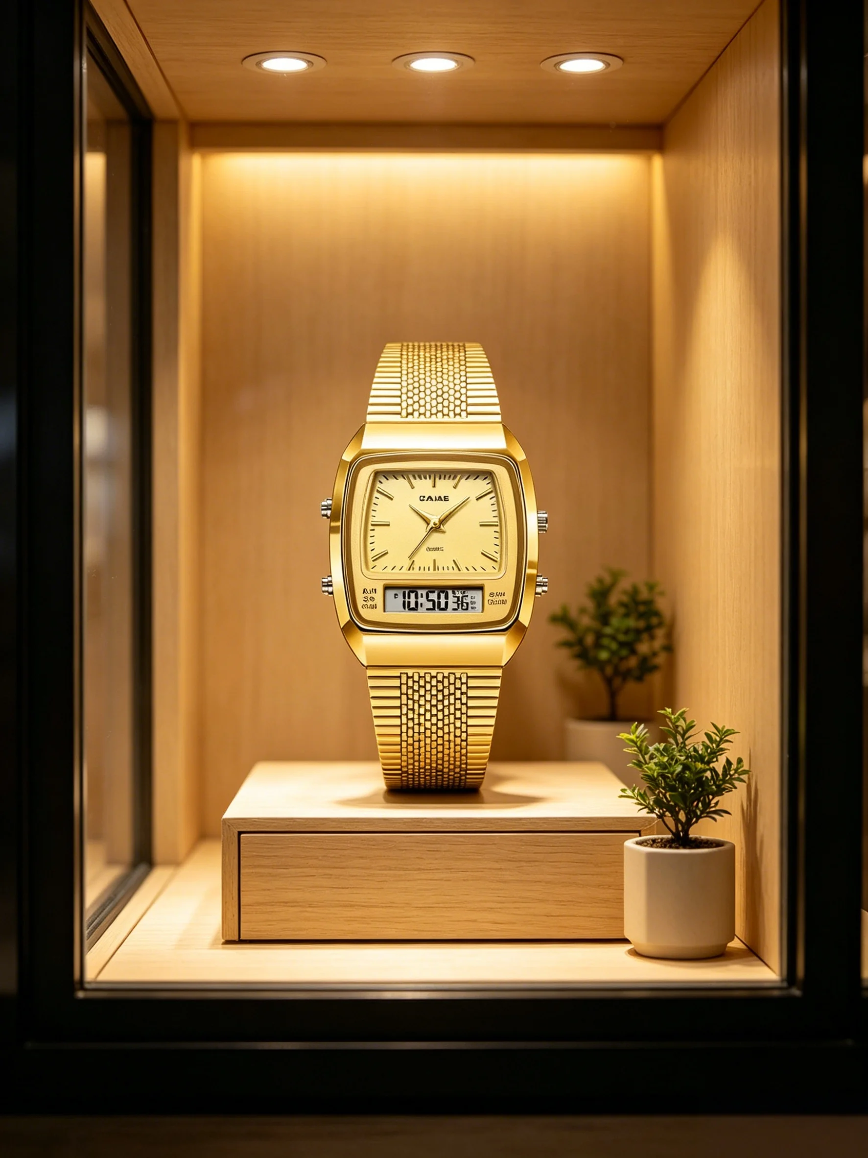 

Classic small square vintage-style digital watch, quartz movement, dual time display, stopwatch function
