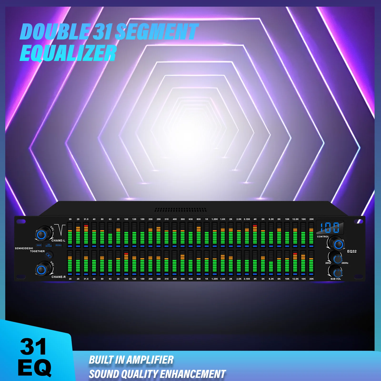 Professionale doppio equalizzatore digitale a 31 segmenti performance bar conferenza scenica Riduzione del rumore KTV e effetto di sintonizzazione