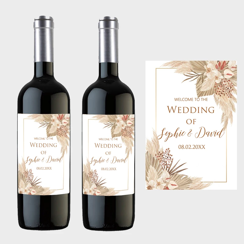 Pampas Grass Wine Bottle Wraps Sticker Customize Labels Any Text Wedding Baptism Personalise Baptism Birthday Baby Shower Decor