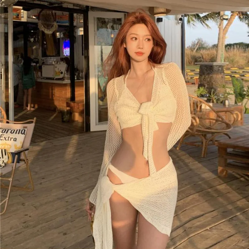 

Sexy 4 Piece Lace Up Bikinis Set Women Swimsuit Solid Long Sleeve Cover Up with Skirt Swimwear New Push Up Bathing Suit Bikini