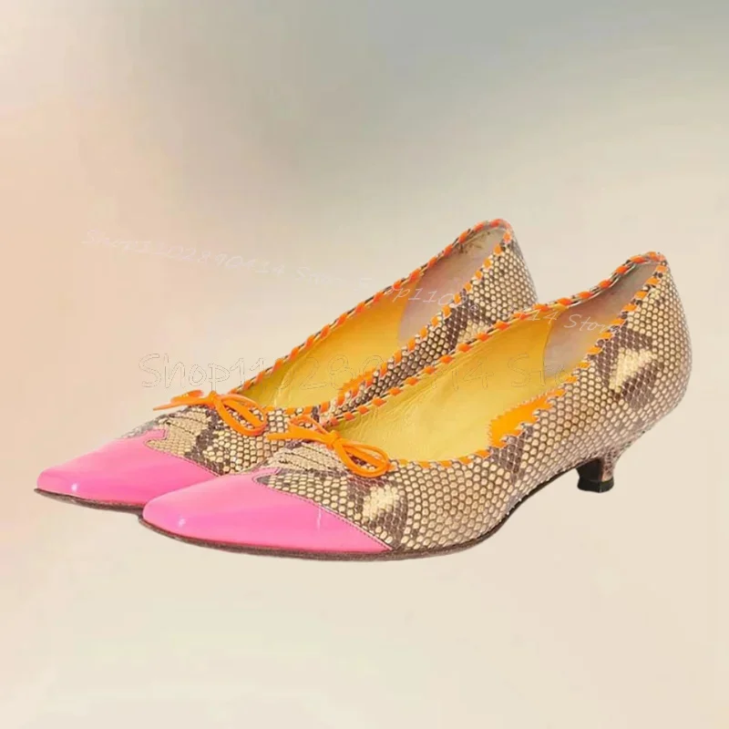 

Mixed Color Bow Knot Snakeskin Print Pumps Slip On Women Shoes Thin Heels Pointed Toe Fashion Banquet 2025 Zapatos Para Mujere