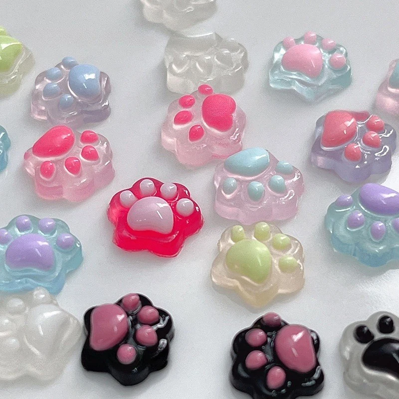 20Pcs 3D Luminous Cat Paw Nail Charm Resin Cartoon Transflective Manicure Ornaments Mini 3D Nail Art Decoration