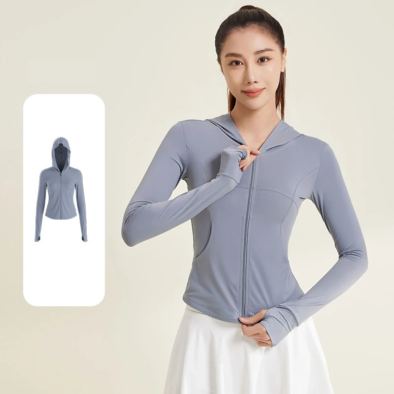 PINGNIAO-Veste respirante à manches longues pour le yoga, haut à capuche avec fermeture éclair, protection UV, séchage rapide, fitness, course à pied et gym