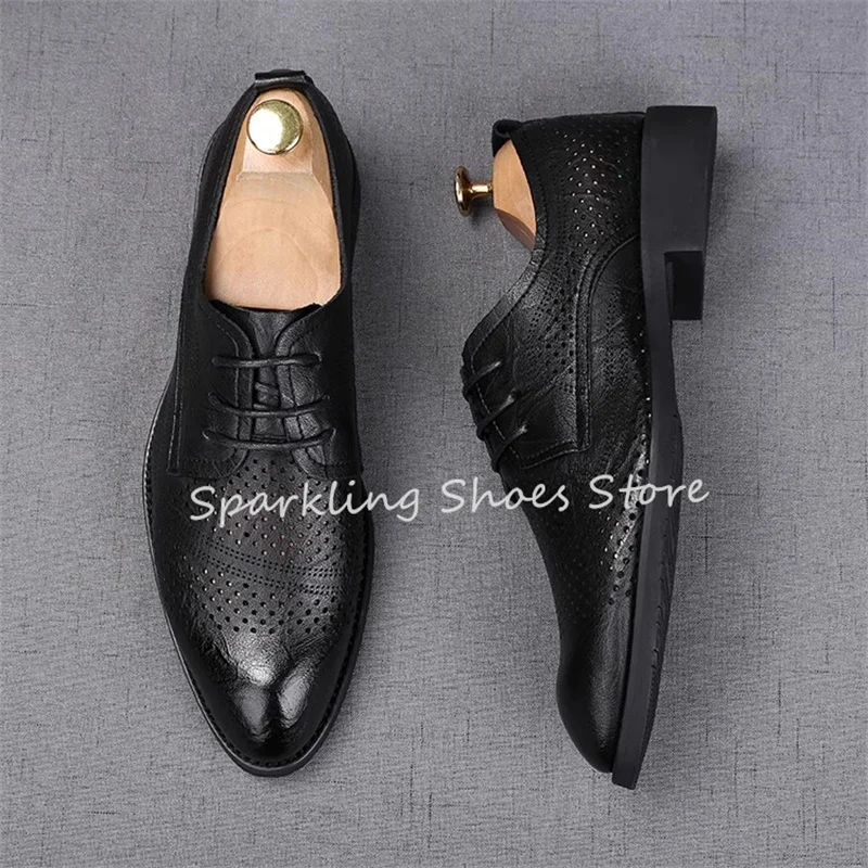 

Summer Breathable Hollow-Out Male Oxfords Pointed Toe Chunky Heel Lace-Up Soft Bottom Loafers for Men Formal Business Shoes