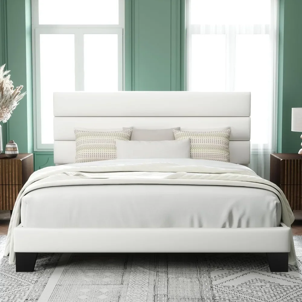 King Size Platform Bed Frame with Velvet Upholstered Headboard and Wooden Slats Support, Fully Upholstered Mattress Foundation