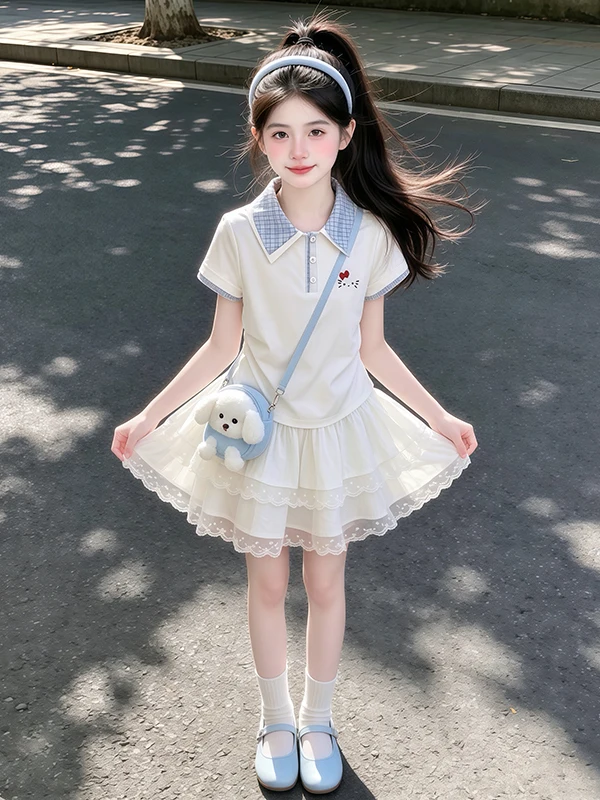 Conjunto de Vestido  de Verão para Meninas com Manga Curta 2026 Novo Estilo Moderno Conjunto de Duas Peças para Crianças ...