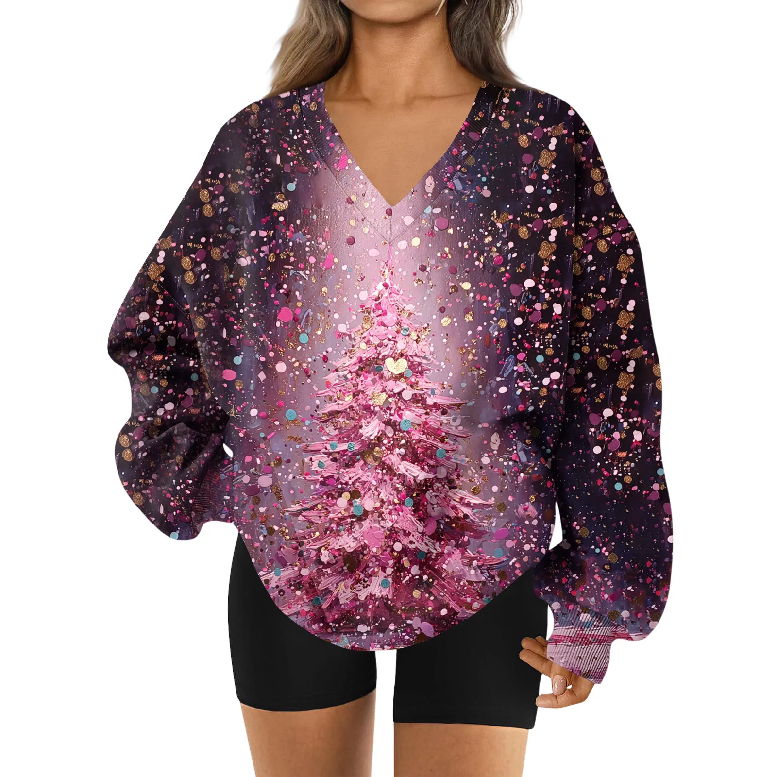 Damen-Sweatshirt mit V-Ausschnitt, Weihnachtsdruck, langärmelig, Retro-Top, Outdoor, Festival, Pendeln, Party, Treffen, lässige Mode