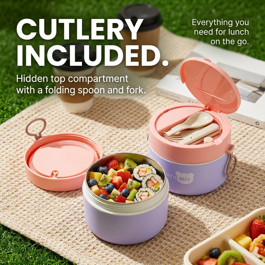 304 Stainless Steel Thermal Lunch Box Kids School Bento Box Microwave Food Storage Container Leakproof Soup Thermos with Cutlery view 6