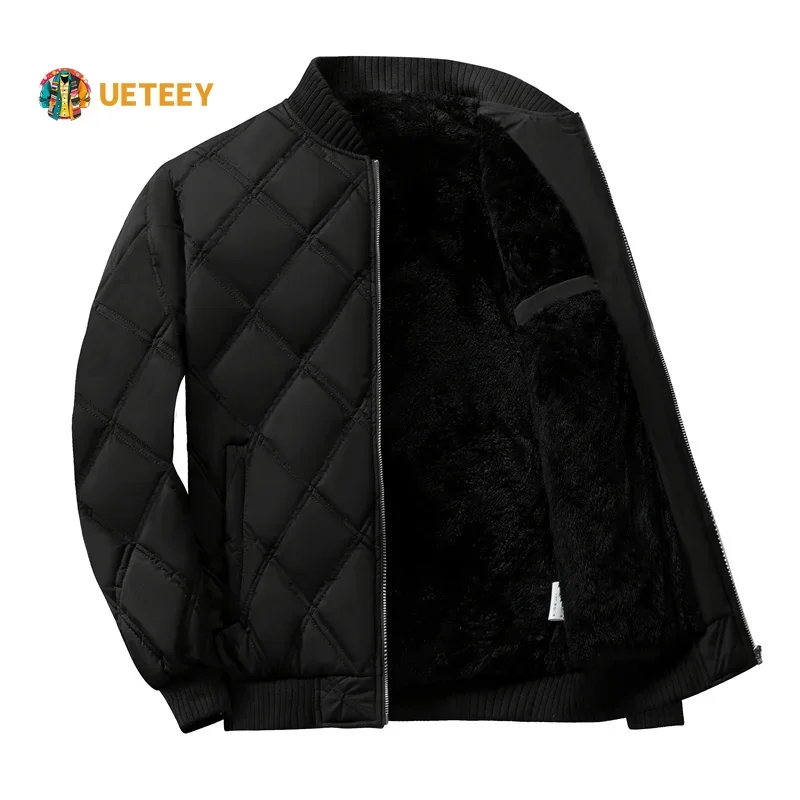 Winter Jacket Men Baseball Collar Parkas Plus Velvet Thicken Warm Rhombus Lattice Casual Parka Bomber Jacket Male Padded Coat