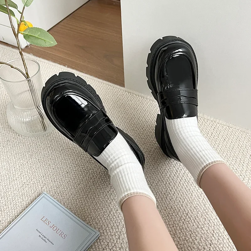 Loafers Woman 2024 Spring and Autumn British Style Punk Platform Slip-on Lolita Shoes Fashion Pu Leather Heeled Mary Jane Shoe