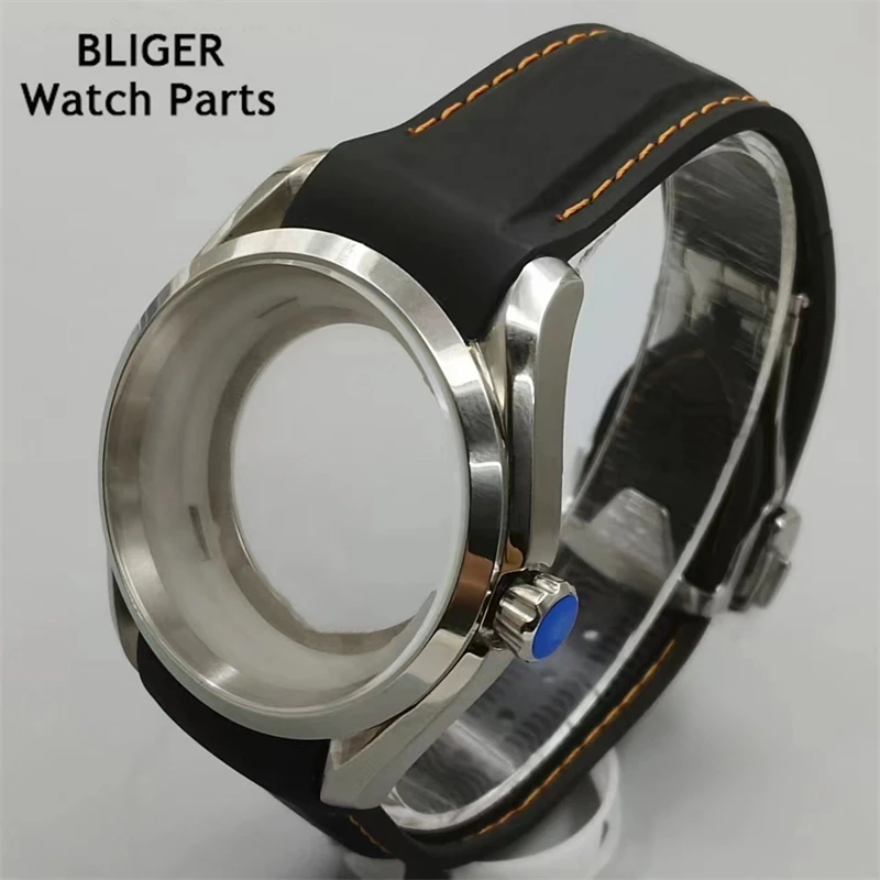 BLIGER 40 مللي متر حافظة ساعة دوارة زجاج الياقوت أسود أزرق حزام مطاطي مناسب لحركة NH35 NH36