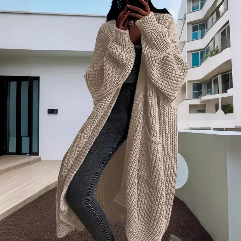 Women Chunky Ribbed Knit Long Cardigan Drop Shoulder Oversized Open Front Maxi Coat with Pockets