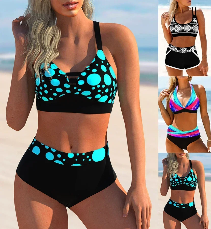 

Summer Fashion Design Women's Bikini Two Piece Set Printed Swimwear Lace Up Neck Sports Beach Wear S-5XL