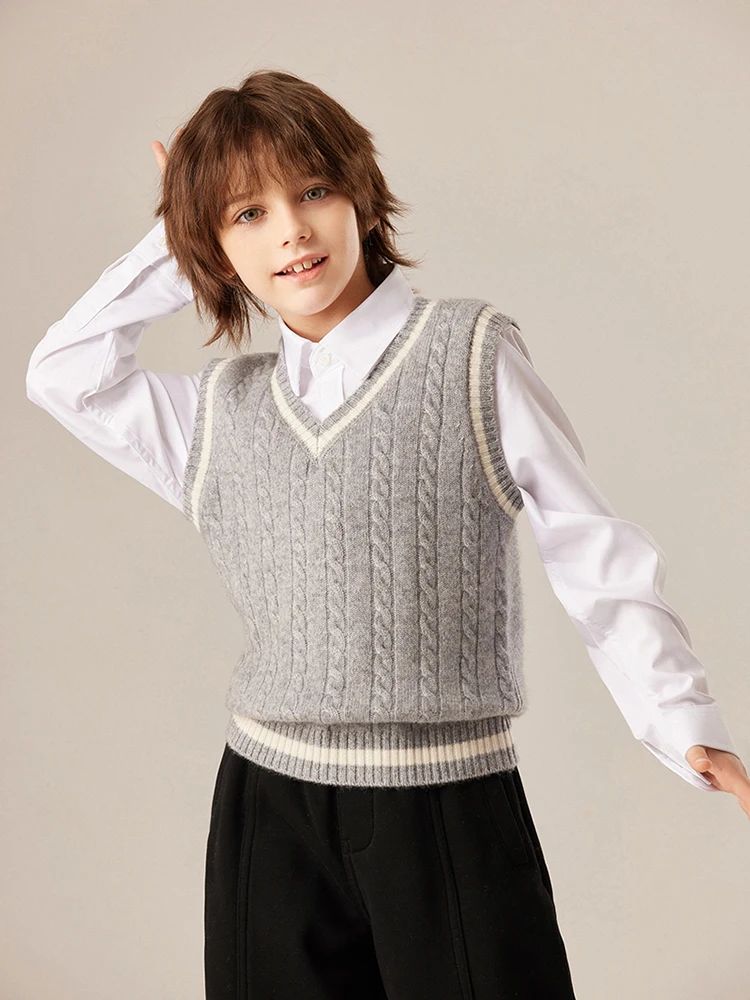 

Boy Girl 100% Cashmere Sweater Vest Children's V-neck Twist Flower Pullover Sleeveless Autumn Winter Knitwear Kids Waistcoat Top