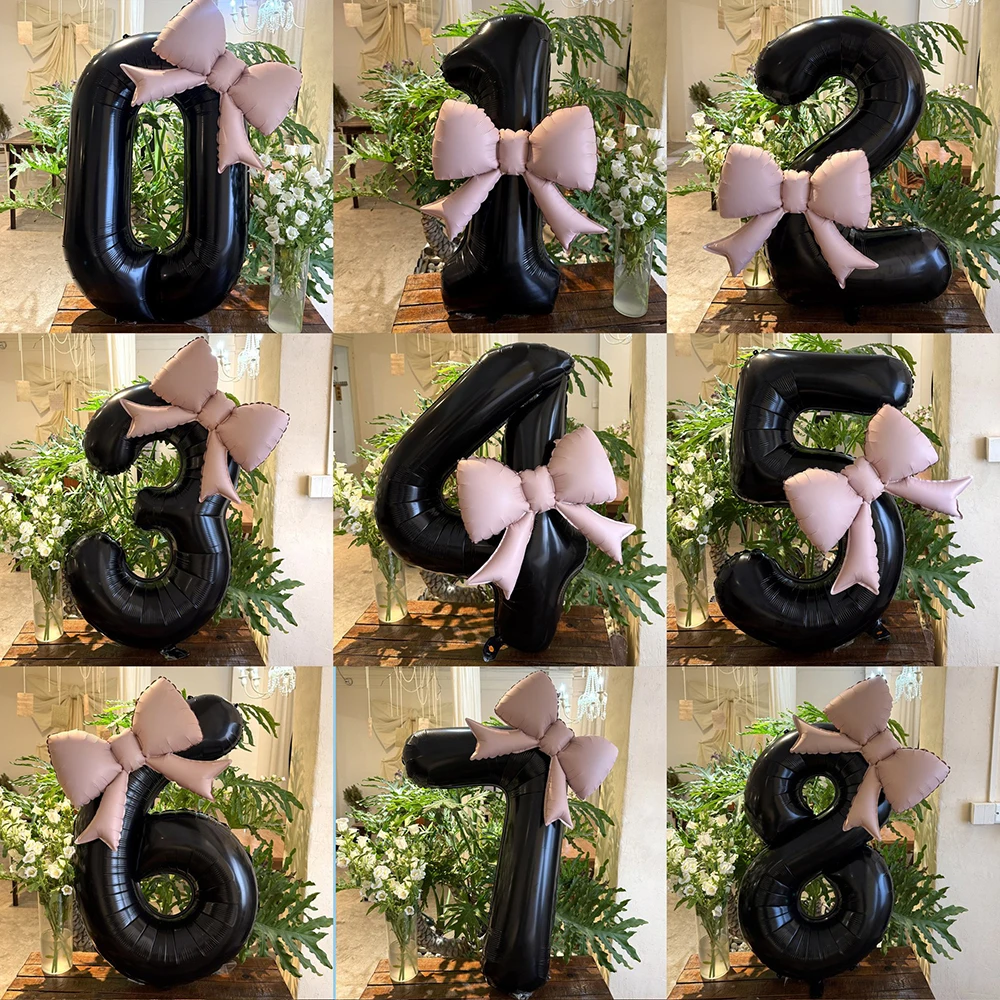 

2pcs Pink Bow Balloons Set with 40 Inch (0-9) Black Aluminum Number Balloons Kids Birthday Party Baby Shower Decoration Globos