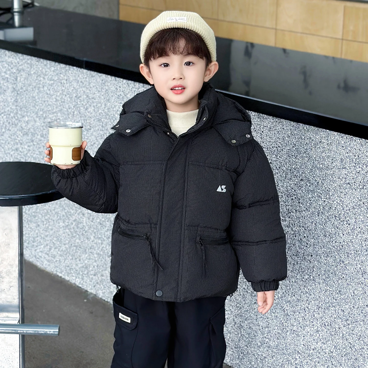 

Thiened down Cotton Jaet for Boys Warm Sli Winter Coat Youth Faion Stand Fit Long Sve Hooded Zipper Closure