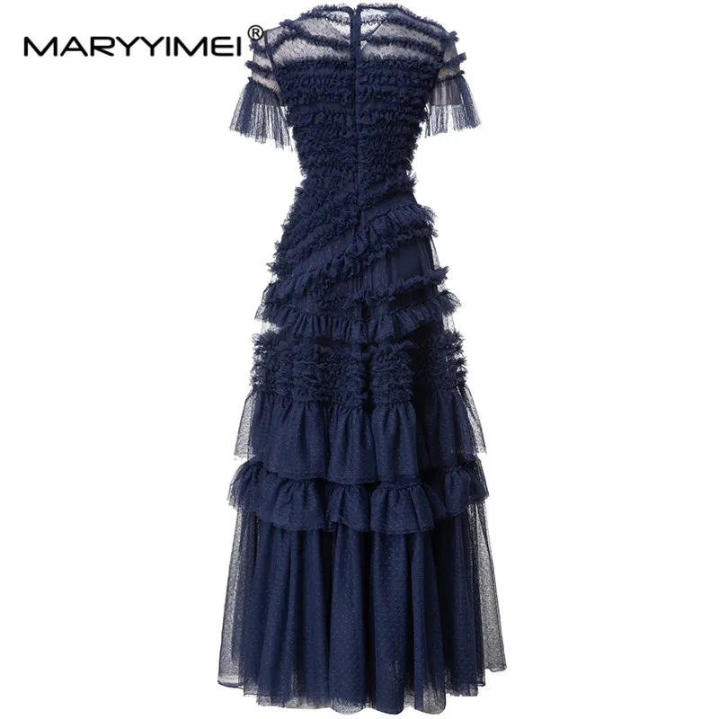 MARYYIMEI Fashion Designer spring Summer Women's O-Neck Short-Sleeved Mesh Splicing Edible Tree Fungus edge Elegant Dresses