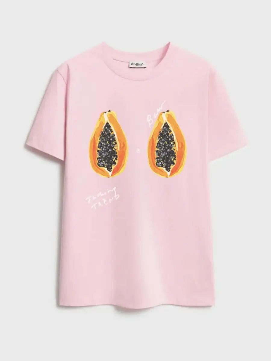 Korean Cute Fruit Printed Pink T Shirts 100% Cotton Short Sleeve Summer Tee Young Women Holiday Kawaii Clothes Street Shirts