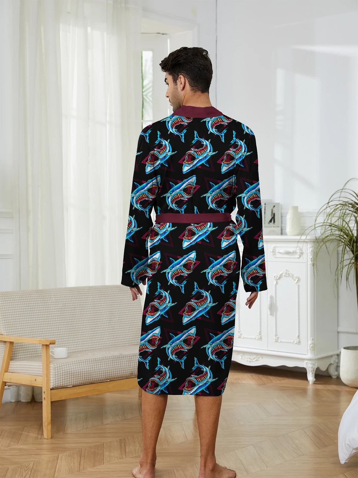 

Men's Long Nightgown Sleepwear 2025 Spring 3D Printed Shark Sleepwear Thin Skin Friendly Autumn Home Wear Long Sleeved Bathrobe