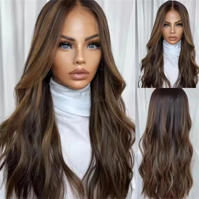 

Dark Brown with Honey Streaks HD Lace Frontal Wig Heat Friendly Synthetic Wig Bouncy Wavy Wig By Tayorichhair Good Quality Wigs