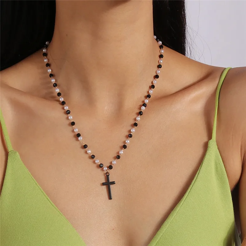 Vintage Kreuz Anhänger Halskette für Frauen Gold Silber Farbe Mehrschichtige Ovale Perlen Kette Halskette Minimalismus Weiblichen Schmuck – Detail 16