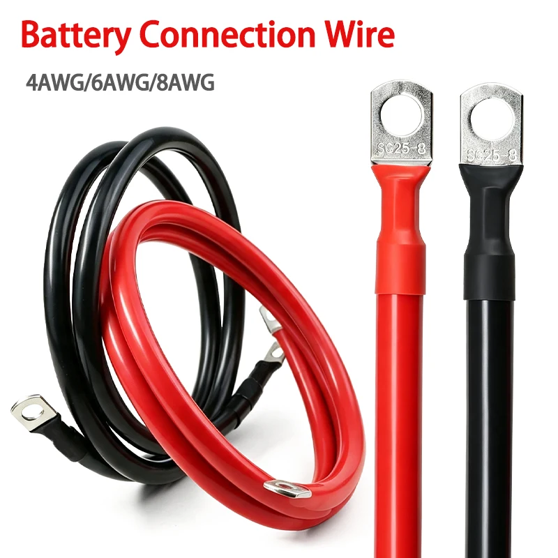 4AWG 6AWG 8AWG Battery Connection Cable PVC Insulated Pure Copper Wire 20/30/40/50/60/100CM with M8 Tinned Copper Lug Terminal