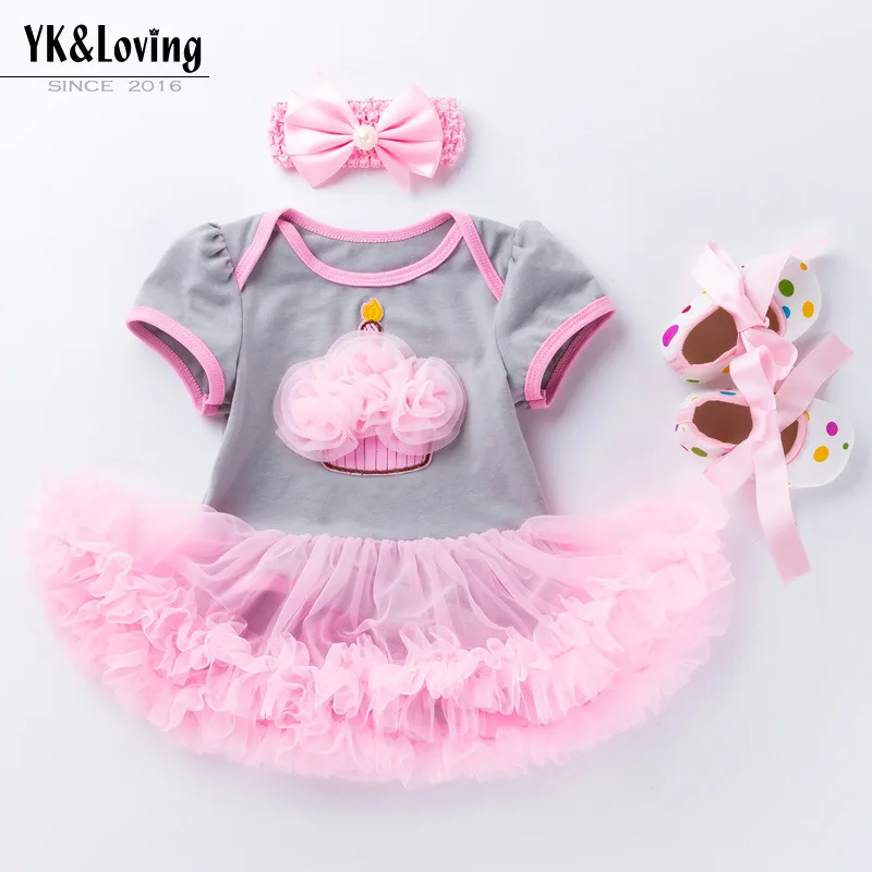 

Summer New Baby Pink Cake Romper Dress Walking Shoes Three-Piece Set0-2Wholesale of children's dresses for girls aged 1-2 years